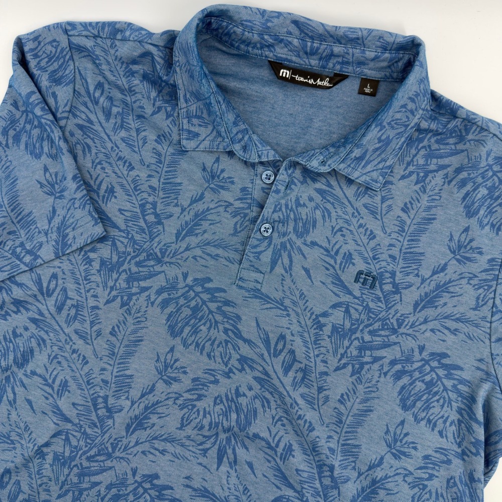 TravisMathew Mens Blue Tropical Palm Print Polo Shirt Large